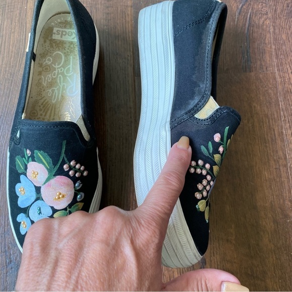 Rifle Paper Co. X Keds Floral Beaded Platform Slip On Black Sneakers SZ 6 - Picture 12 of 15